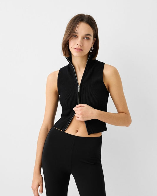 zip-up-fitted-top,ZIP-UP FITTED TOP,topwear,tops,casual,streetwear,knitted,ribbed,black,solid,zipper,slim fit,fitted,regular,high neck,sleeveless