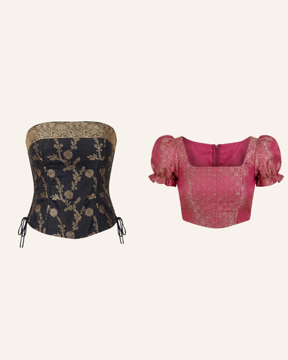 Set of 2 Black and Fuschia Pink Banarasi Brocade Corset Tops