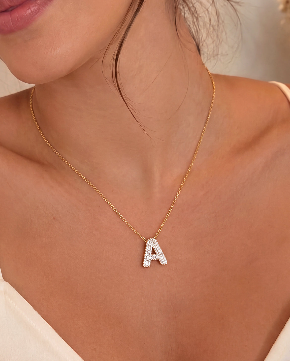 The A Rhinestone Anti Tarnish Necklace - Gold