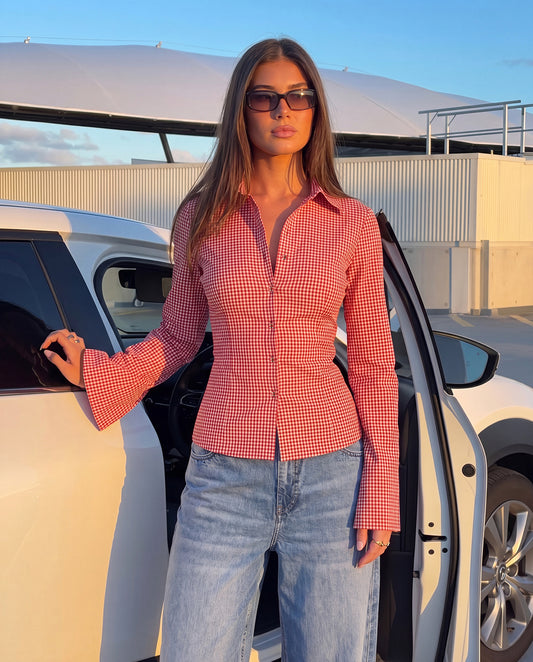 Red Gingham Check Flared Sleeve Fitted Shirt