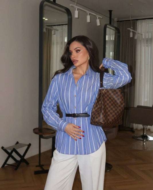 Blue Stripe Button Down Belted Shirt
