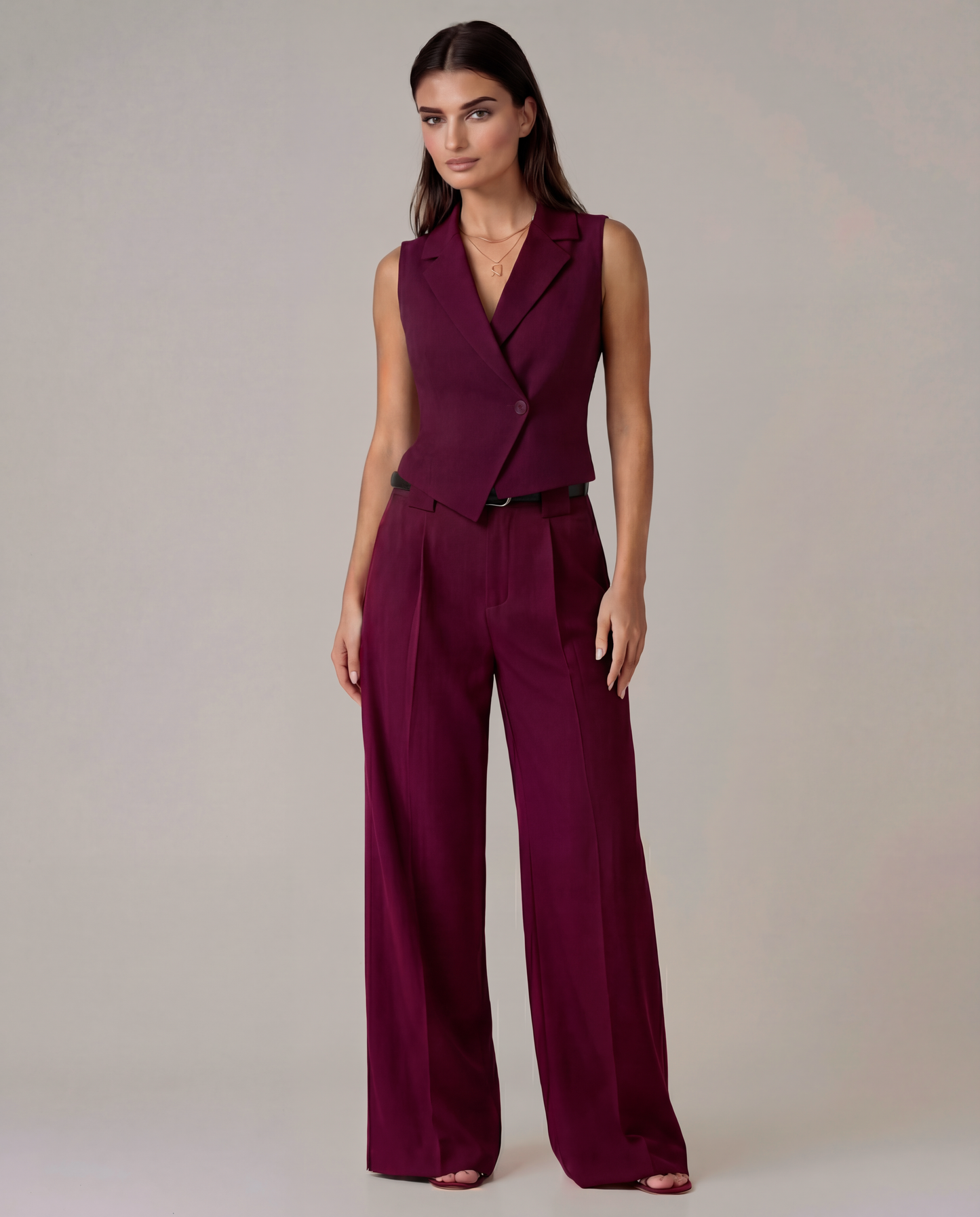 Maroon Vest And Pleated Trousers Set (Belt Included)