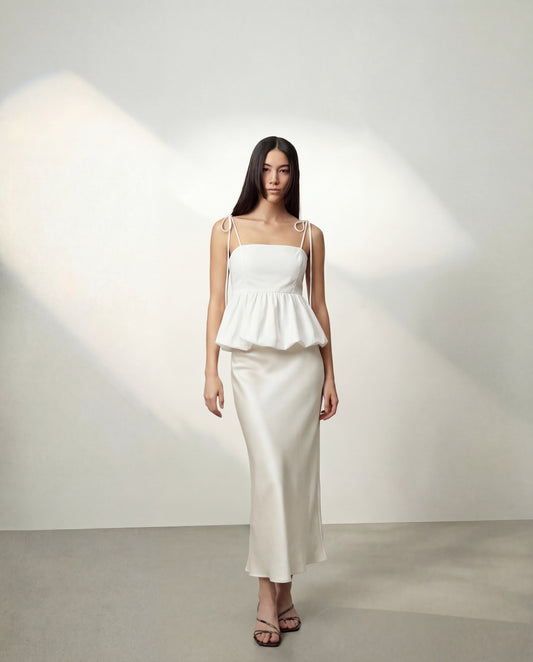 White Bubble Hem Camisole Top With Ivory Satin Skirt