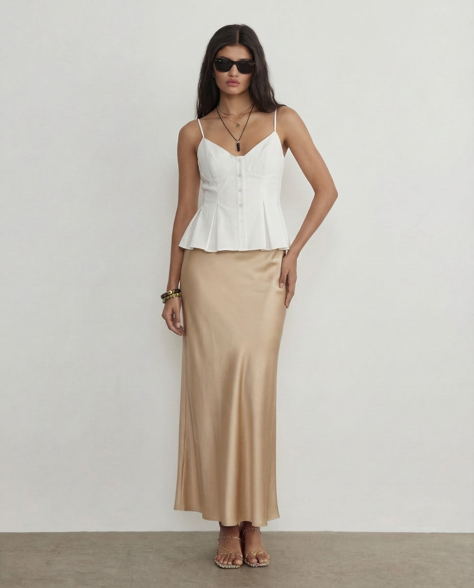 White Spaghetti Strap Peplum Top With Champagne Satin Skirt
