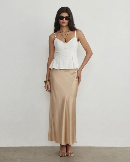White Spaghetti Strap Peplum Top With Champagne Satin Skirt