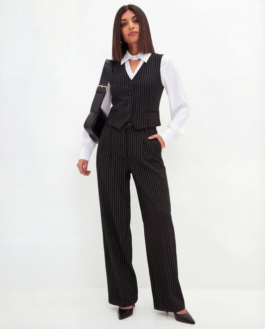 Pinstripe Vest and Wide-Leg Trousers Suit Set