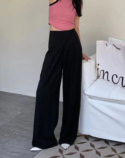 WRAP FRONT WIDE LEG PANTS,black, bottomwear, full length, high rise, pants, pleated, polyester, relaxed fit, semi-formal, streetwear, summer, wide leg, woven,wrap_front_wide_leg_pants_black,Color- BlackFabric- Polyester Type- Wide LegFit- Relaxed Fit Length- Full Length(41in)Waist- High RiseClosure- Zip &amp; ButtonPrint- SolidDetail- Pleated &amp; Wrap Front