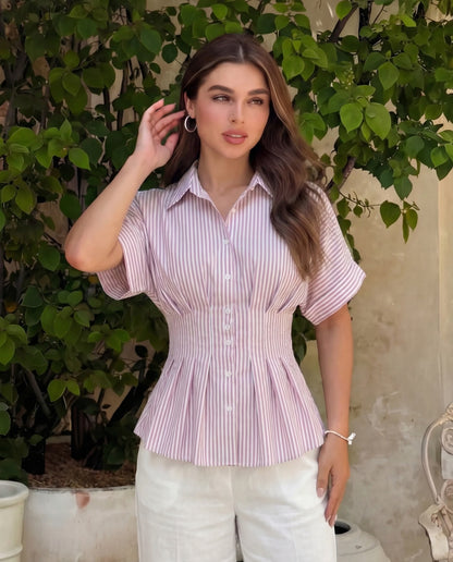 Pleated Cinched Waist Striped Top in Dusty Pink