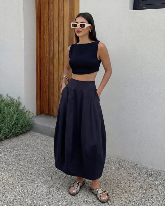Black Crop Top and Cotton Skirt Summer Set