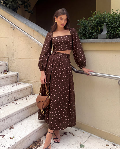 Mocha Brown Polka Co-Ord Set with Billowy Silhoutte