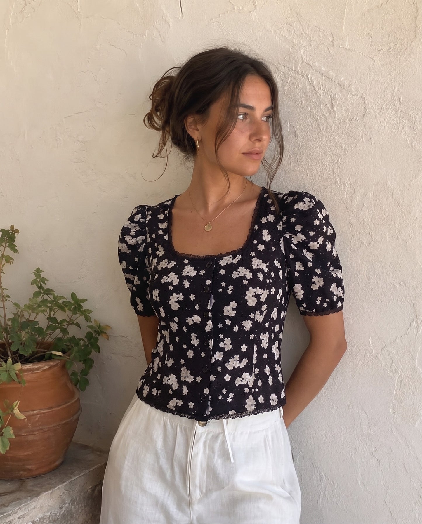 Black Florals Lace-Trim Fitted Button-Up Top