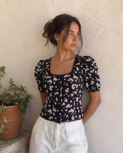 Black Florals Lace-Trim Fitted Button-Up Top