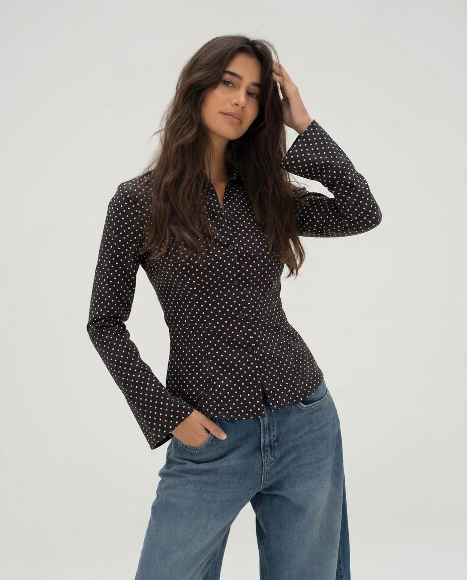 Polka Flared Sleeve Fitted Sleeve Shirt
