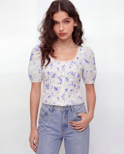White Florals Lace-Trim Fitted Button-Up Top