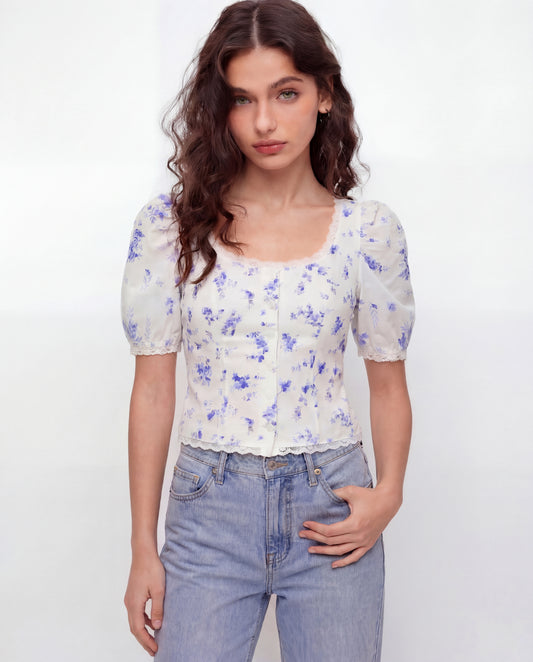 White Florals Lace-Trim Fitted Button-Up Top