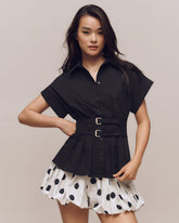 topwear,tops, shirts,casual chic, semi-formal,gen z, millenial, minimal,woven,poplin,black,solid,pleated,buckle,tailored fit,fit and flare,waist length,flared hem,shirt collar,no straps,drop shoulder,short sleeves	OY2121, 25090031GG