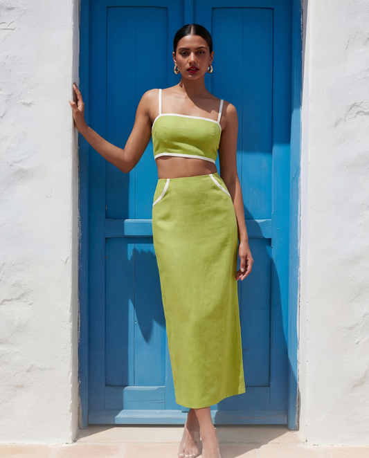 Sleek Green Cotton Top And Skirt Set