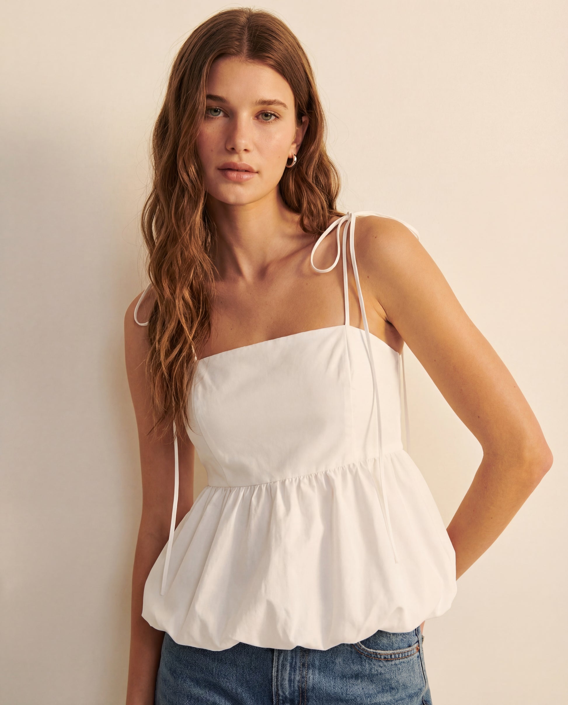 topwear,tops,casual, vacation, outdoor events,bold, glam, minimal, summer,woven,cotton,white,solid,pleated,skinny fit,balloon top,waist length,bubble hem,off shoulder,sleeveless, OY1917, 25060022GG