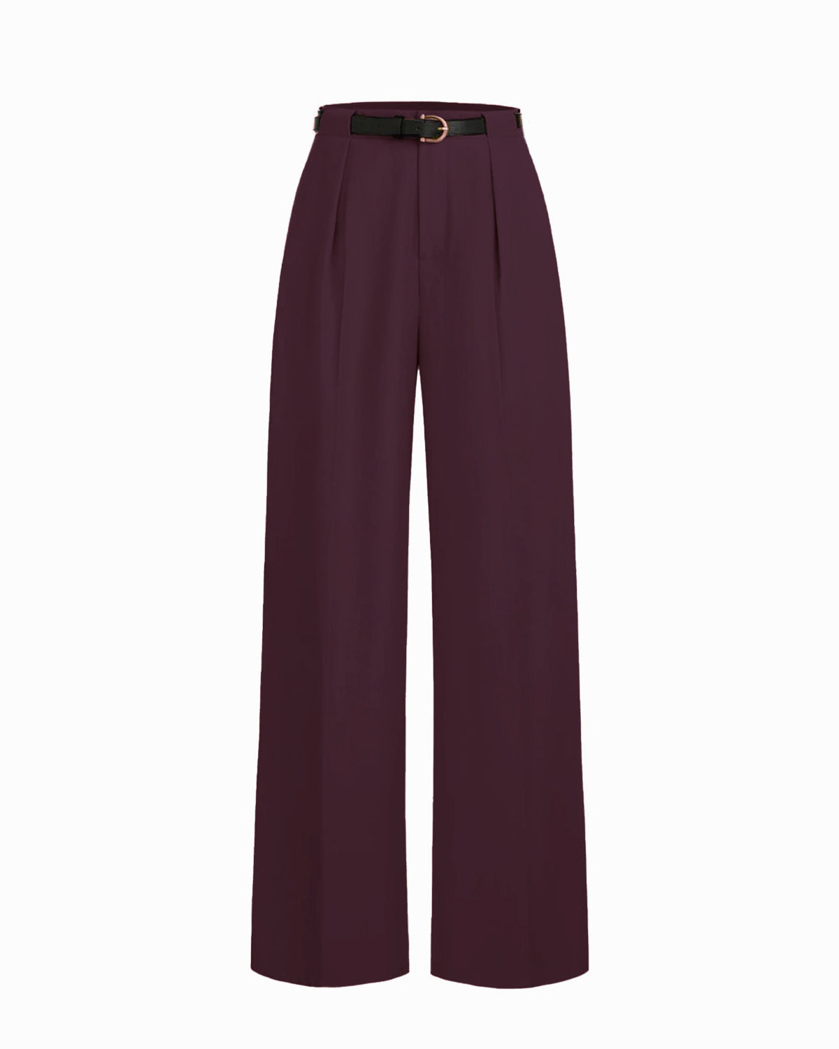 WIDE BELT LOOP PLEATED PANTS,Color: Wine
Fabric: 92% poly 8% spandex
Fit: Straight Fit 
Length: Full Length (40")
Waist: High Rise 
Closure: Zip & Hook
No. of Pockets: 2
Print: Solid,pants,bottomwear,pants,semi-formal,workwear,stretchable,polyester, spandex,wine,pleated,tailored fit,wide leg,full length,high rise