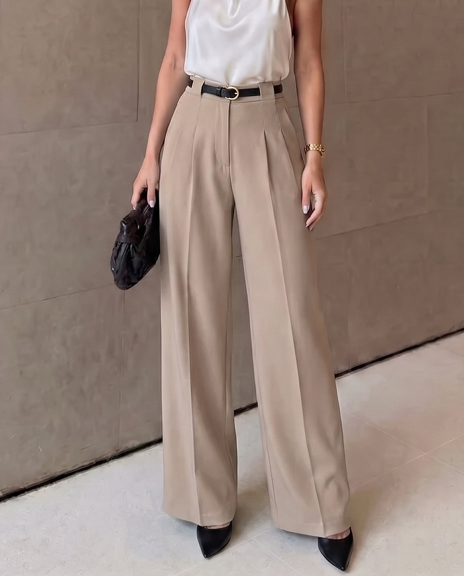Pleated Pants With Belt -Beige