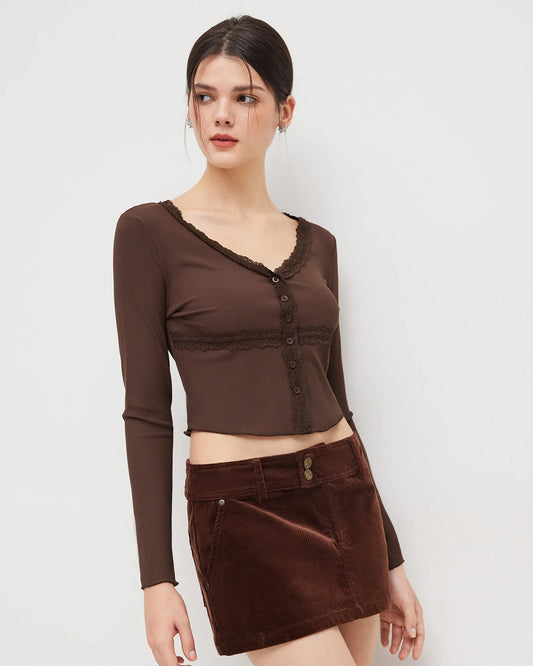 topwear,tops,casual, casual chic,gen z, minimal, summer,knitted, stretchable,ribbed,,brown,solid,contrast fabric, textured,button,skinny fit,crop top,crop,curved hem,v-neck,no straps,set in sleeves,long sleeves, OY2157, 25080019GG
