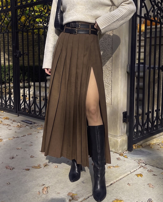 Pleated Slit Skirt With Detachable Belts - Brown