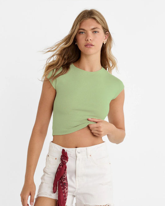 topwear,tops,casual,summer, streetwear,knitted, stretchable,cotton, ribbed,green,solid,slim fit,fitted,crop,crew neck,cap sleeves,short sleeves,25040002GG, OY1247
