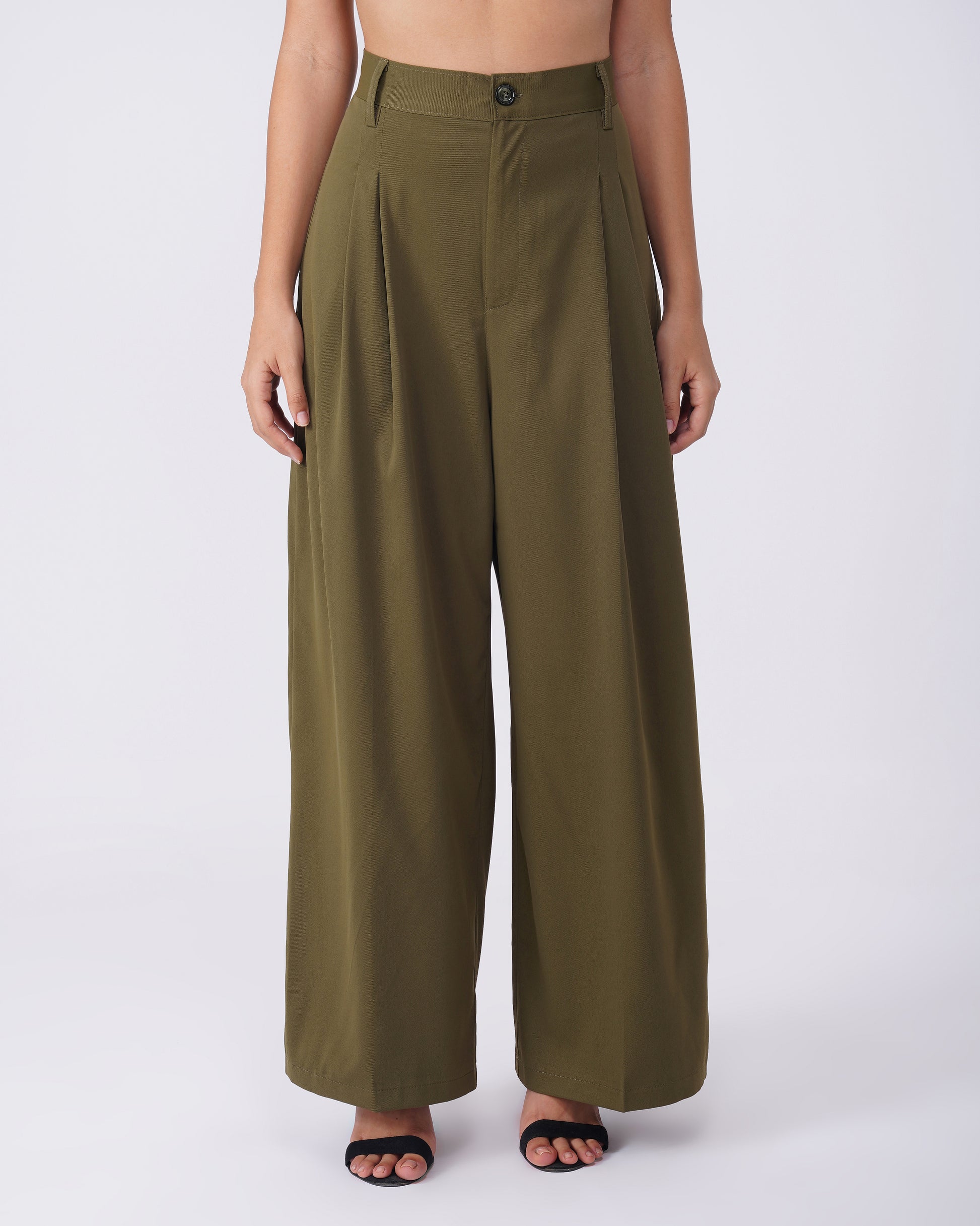 TWO PLEATED PANTS,Color: Olive Green
Fabric: Moss 
Type: Wide Leg
Fit: Relaxed Fit 
Length: Full Length
Waist: High Rise
Closure: Zip & Button
Print: Solid
Detail: Two Pleats,bottomwear,pants,semi-formal,workwear,woven,moss,olive green,pleated,Relaxed fit,wide leg,full length,high rise,Manufacturing batch1_June19,suited for influencer,two-pleated-pants-olive-green