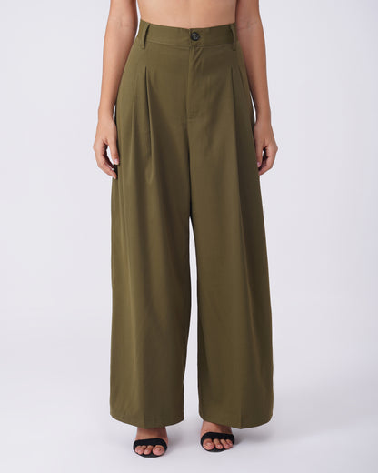 TWO PLEATED PANTS,Color: Olive Green
Fabric: Moss 
Type: Wide Leg
Fit: Relaxed Fit 
Length: Full Length
Waist: High Rise
Closure: Zip & Button
Print: Solid
Detail: Two Pleats,bottomwear,pants,semi-formal,workwear,woven,moss,olive green,pleated,Relaxed fit,wide leg,full length,high rise,Manufacturing batch1_June19,suited for influencer,two-pleated-pants-olive-green