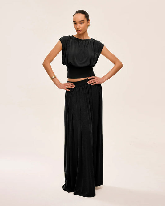 coord sets,bottomwear, topwear,casual chic, vacation, outdoor events, minimal, summer, urban fit, ,knitted,crepe,gathers,black,solid,fabric gathers,,,slim fit top,waist fitted top,waist length top,straight hem,crew neck,no straps ,short sleeves,cap sleeves,slip on,skirts,flare  skirt,full length,straight hem,mid rise waist,no pockets,OY3061, 25070030GG