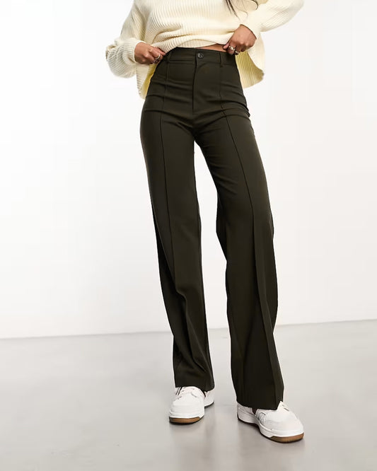 PINTUCK PLEATS PANTS,Color: Olive
Fabric: 92% poly 8% spandex
Fit: Straight Fit 
Length: Full Length (40")
Waist: High Rise 
Closure: Zip & Button
No. of Pockets: 2
Print: Solid,pants,bottomwear,pants,semi-formal,workwear,stretchable,polyester, spandex,olive green,pleated,straight fit,straight,full length,high rise