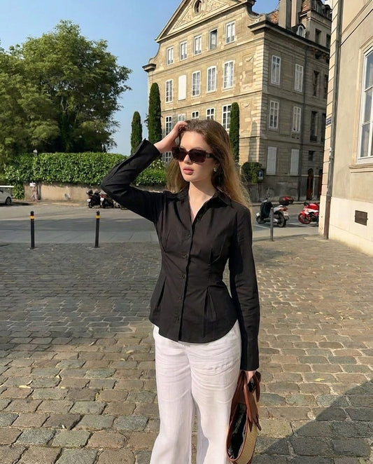 Black Buttoned Flared Hem Shirt