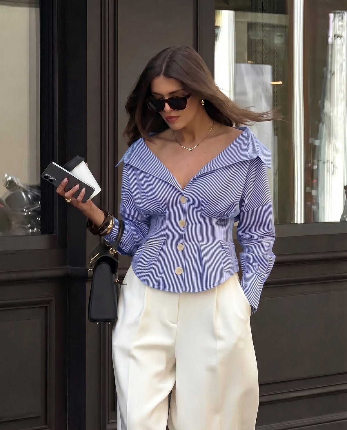Pinstripes Fitted Waist Cotton Shirt - Blue
