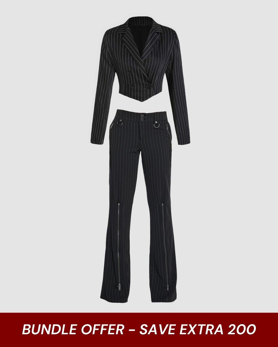 bottomwear,pants,casual,streetwear,woven,polly cotton,black,zipper pocket,zipper,straight fit,flared,full length,high rise,outer wear,blazer,formal, semi-formal,minimal,woven,poly cotton,black,pinstripes,button,tailored fit,cropped blazer,regular,curved,notch collar,long sleeves,25010047BU