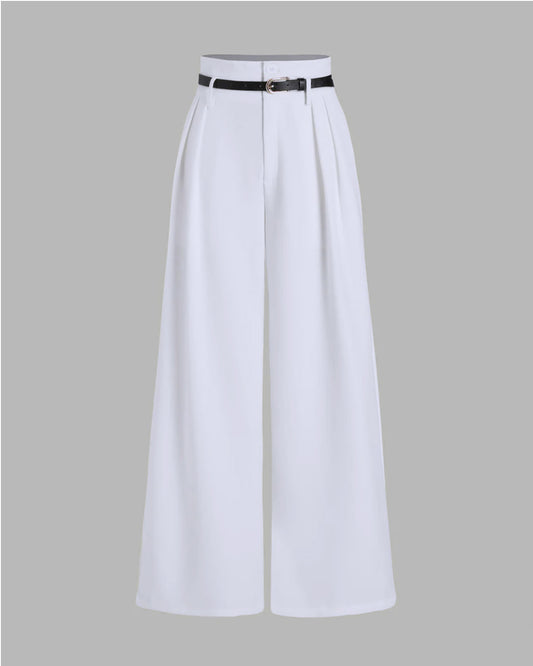 BELTED PLEATED PANTS,Color: White
Fabric: 95% poly 5% spandex
Fit: Tailored Fit
Length: Full Length(41")
Waist: High Rise
Closure: Zip & Button
No. of Pockets: 2
Print: Solid,pants,bottomwear,pants,semi-formal,business outfit,stretchable,polyester, spandex,white,pleated,tailored fit,wide leg,full length,high rise