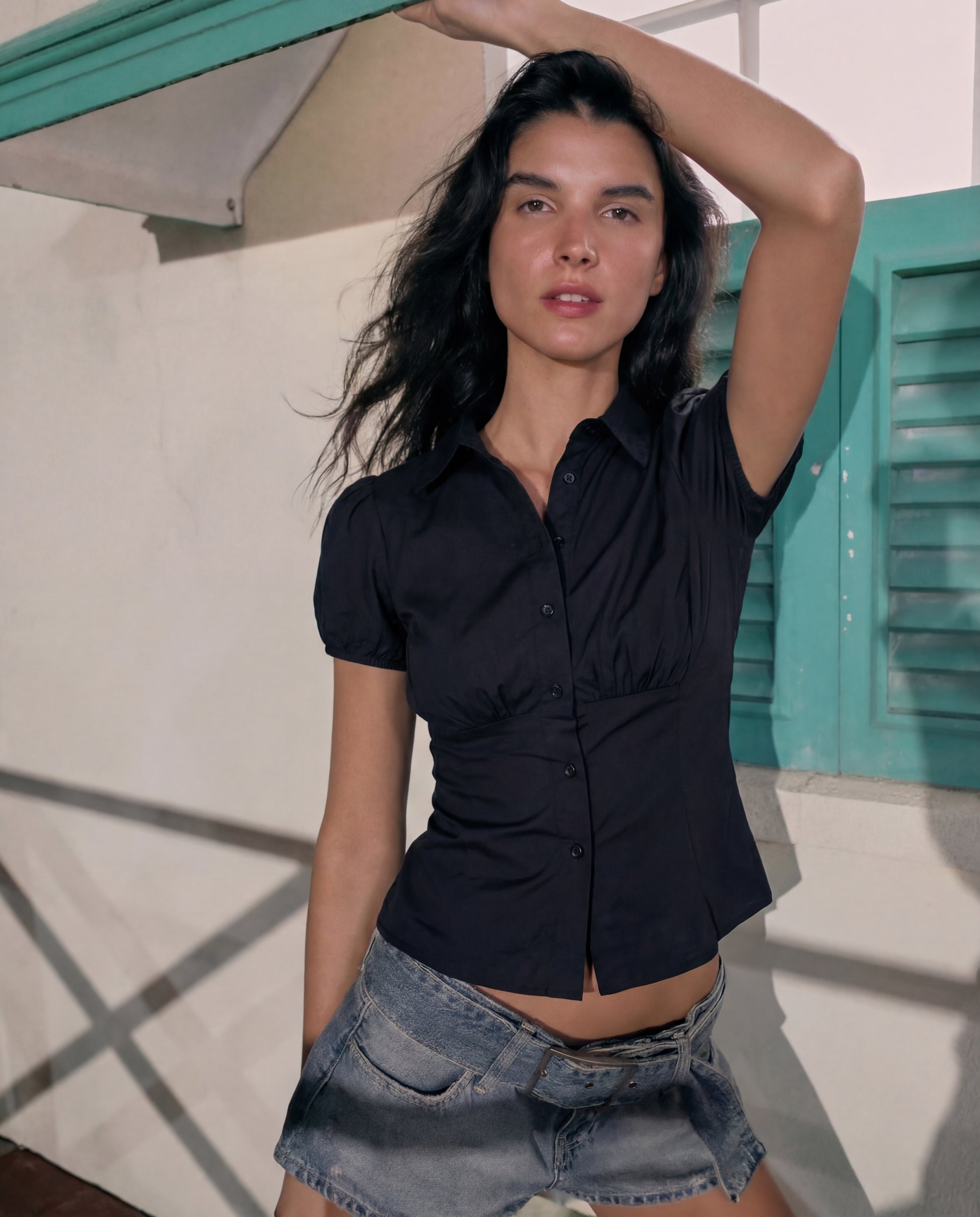 topwear,tops,casual, semi-formal,minimal, summer, timeless,woven,cotton,black,solid,ruched,button,slim fit,waist length,curved hem,collared,puff sleeves,OY1905	,25060005GG