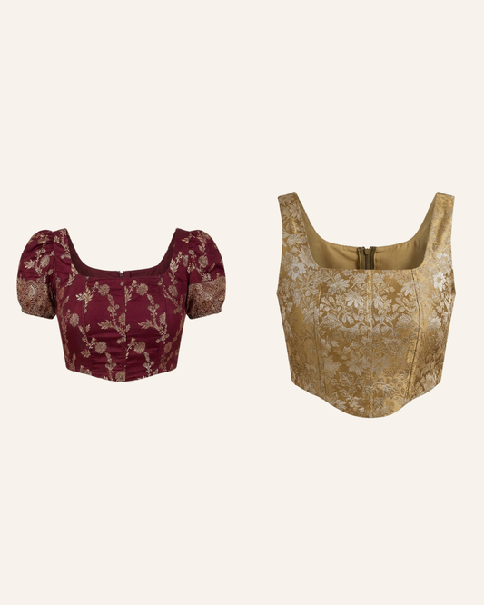 Set of 2 Gold and burgundy Banarasi Brocade Corset Tops