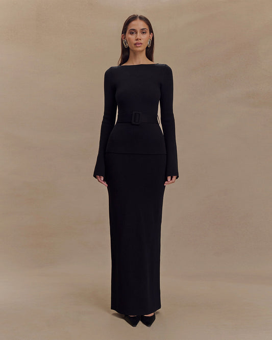 coord sets,bottomwear, topwear,casual chic, vacation, outdoor events, minimal, summer, urban fit,knitted,ribbed,,black,solid,buckle, fabric belt,slim fit top,fitted top,waist length top,straight hem,boat neck,no straps,long sleeves,full sleeves,slip on,skirts,pencil skirt,full length,straight hem,mid rise waist,no pockets, OY2174, 25080006GG