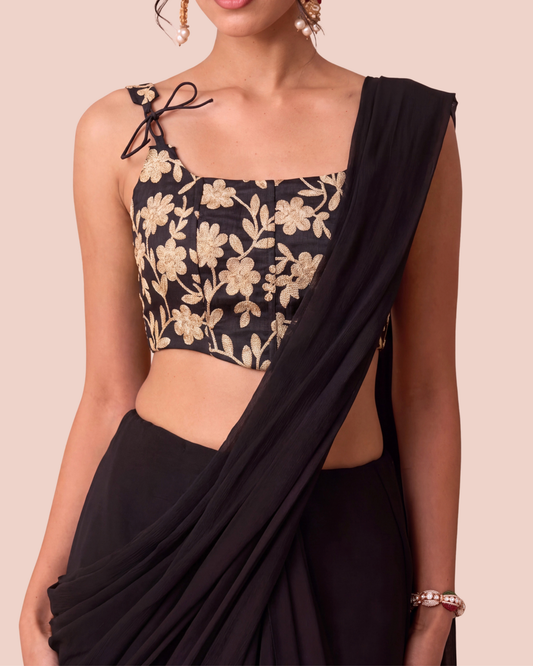 Black Floral Embroidered Brocade Saree Corset Blouse