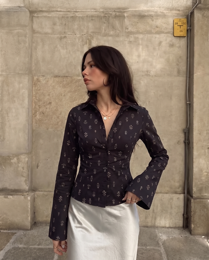 Floral Print Flared Sleeve Fitted Shirt