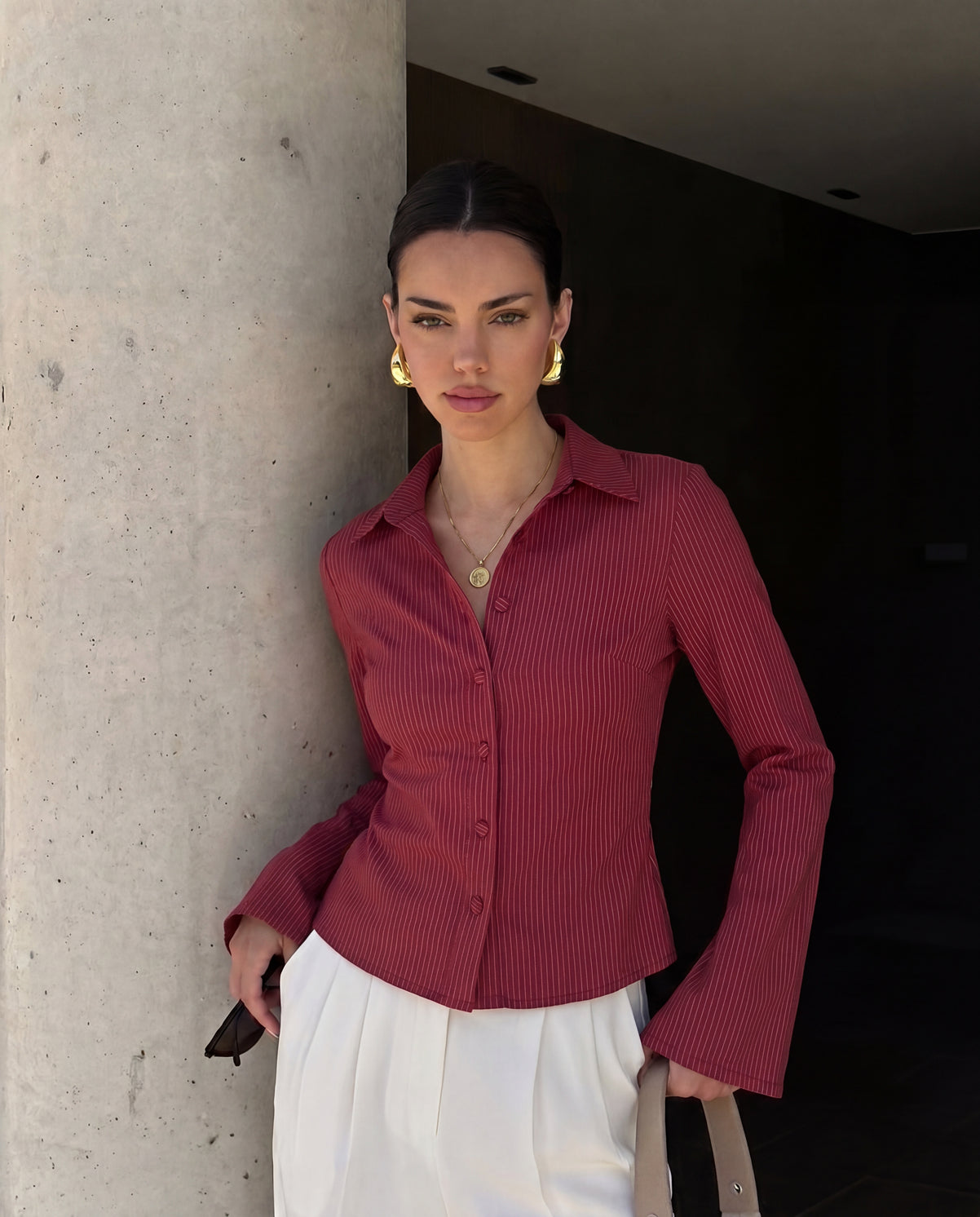Flared Sleeve Fitted Shirt - Red