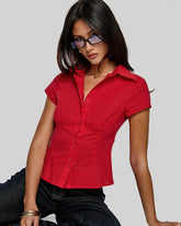 topwear,tops, shirts,casual, casual chic, semi-formal,creative workwear, gen z, millenial, minimal, summer,woven,poplin stretch,red,solid,panelling,button,slim fit,shirt,waist length,flared hem,shirt collar,no straps,set in sleeves,short sleeves, OY2128, 25090025GG