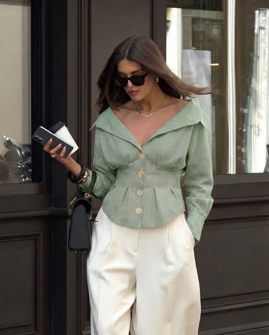 Green Stripe Shirt With Cinched Waist