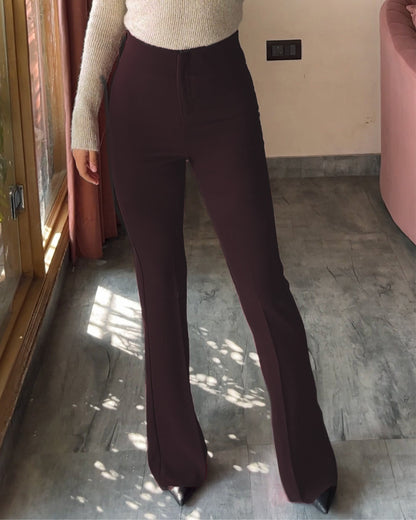 BOOT CUT PINTUCK TROUSER,Color: Wine
Fabric: 95% poly 5% spandex
Length: Full length(41")
Fit: Skinny Fit
Waist: High Rise 
No. of Pockets: 2
Print: Solid,trousers,bottomwear,trousers,casual,stretchable,polyester, spandex,wine, maroon,flared fit,bootcut,full length,flared,high rise