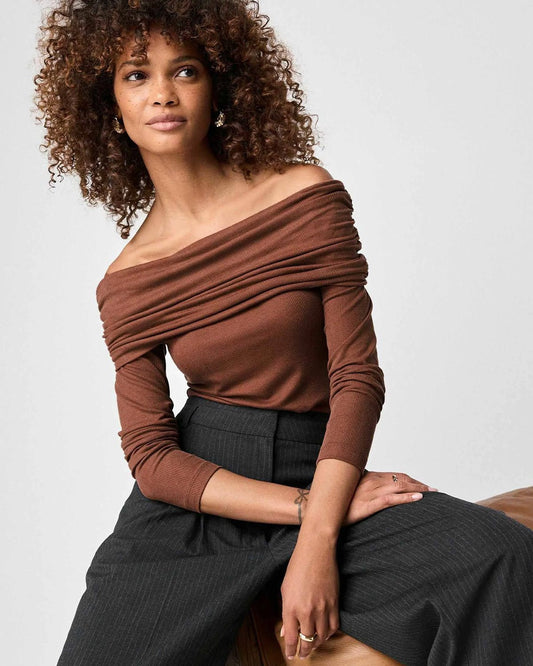 off-shoulder-bardot-top-with-long-sleeves-brown-oy1518,25010018GG52,topwear,tops,party, vacation, outdoor events,bold, glam, streetwear,knitted,ribbed,brown,solid,slim fit,bardot,regular,off shoulder,long sleeves,Color: Brown
Fabric: Ribbed
Fit: Slim Fit 
Length: Regular
Neck: Off Shoulder
Sleeves: Long Sleeves
Print: Solid,OFF SHOULDER BARDOT TOP WITH LONG SLEEVES