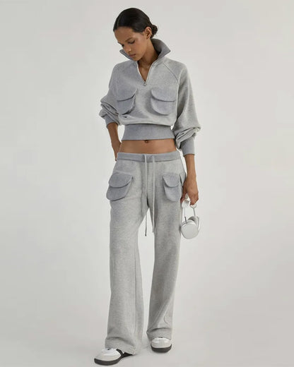coord sets,bottomwear, topwear,casual, casual chic, vacation,athleisure, minimal, streetwear, winter,knitted, woven,fleece,light grey,solid,utility pocket,zipper,regular fit top,zip up jacket,waist length top,straight hem,high neck,no straps,set in sleeve,long sleeves,zipper,trousers,straight fit trousers,full length,straight hem,mid rise waist,2 pockets, OY2194, 25090053GG