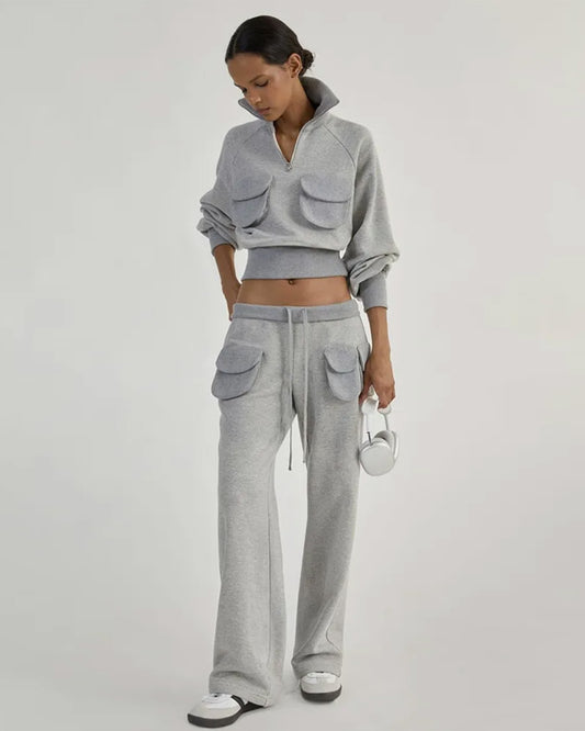coord sets,bottomwear, topwear,casual, casual chic, vacation,athleisure, minimal, streetwear, winter,knitted, woven,fleece,light grey,solid,utility pocket,zipper,regular fit top,zip up jacket,waist length top,straight hem,high neck,no straps,set in sleeve,long sleeves,zipper,trousers,straight fit trousers,full length,straight hem,mid rise waist,2 pockets, OY2194, 25090053GG