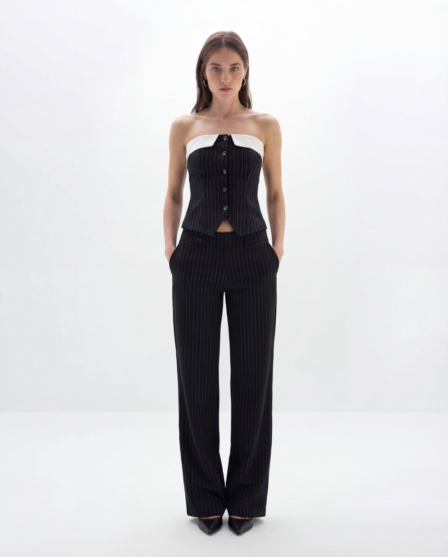 Pinstripes Button-Front Corset Top With Straight Pants