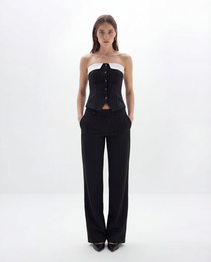 Pinstripes Button-Front Corset Top With Straight Pants