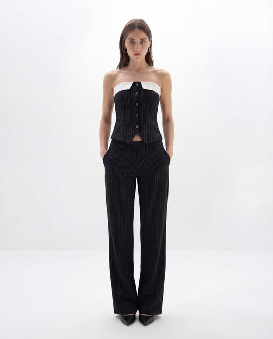 Pinstripes Button-Front Corset Top With Straight Pants